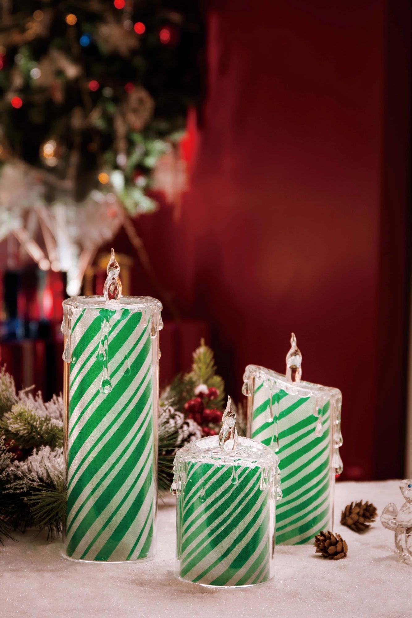 Icy Giftware Set of 6 Green and White LED Lighted Spearmint Candle Set Tabletop Decor 9.5&#x22;