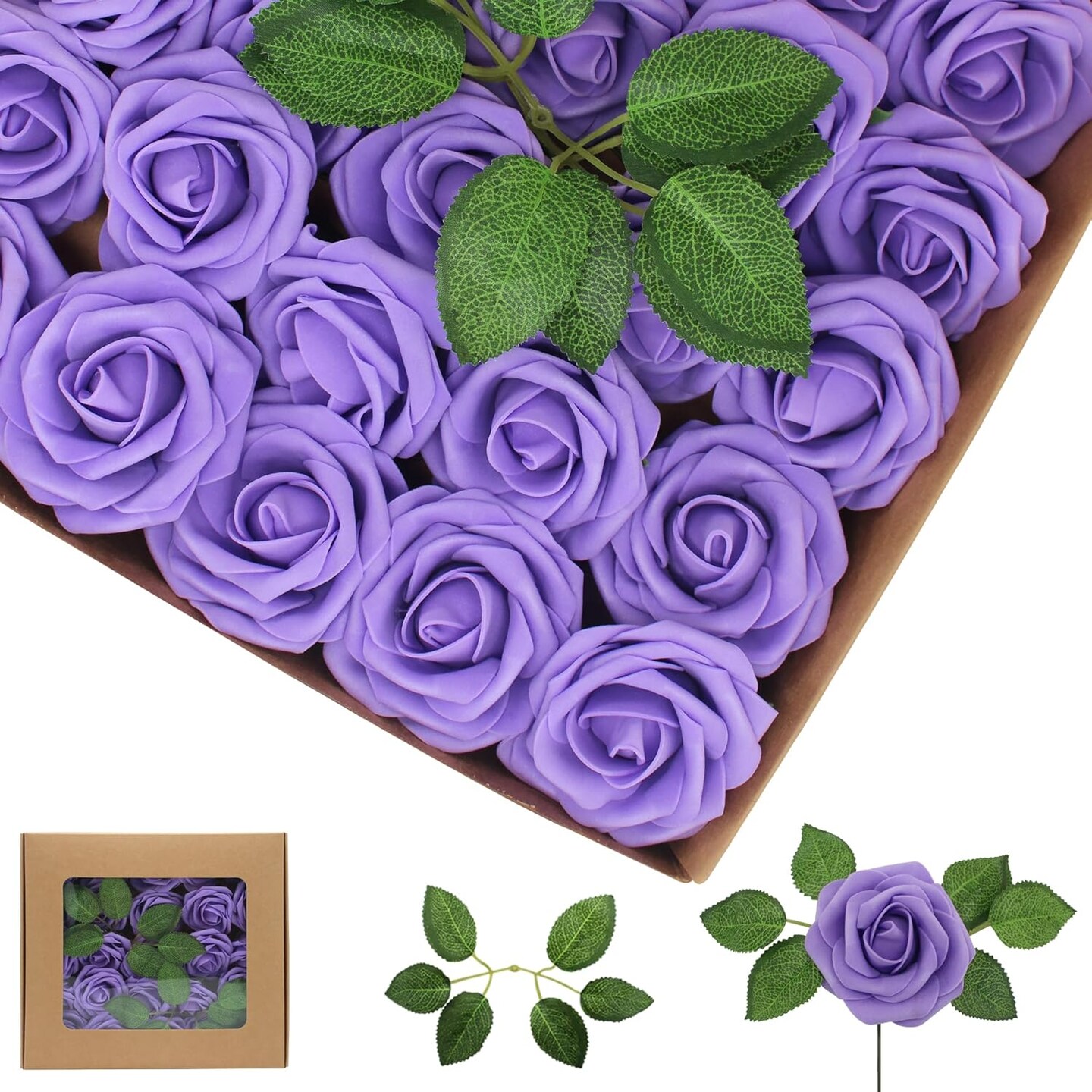 Artificial Rose Heads Purple Lavender Fake Roses Latex Foam Roses Real Looking Rose Heads with Stems Wedding Decor DIY Bouquets Party Home Decor