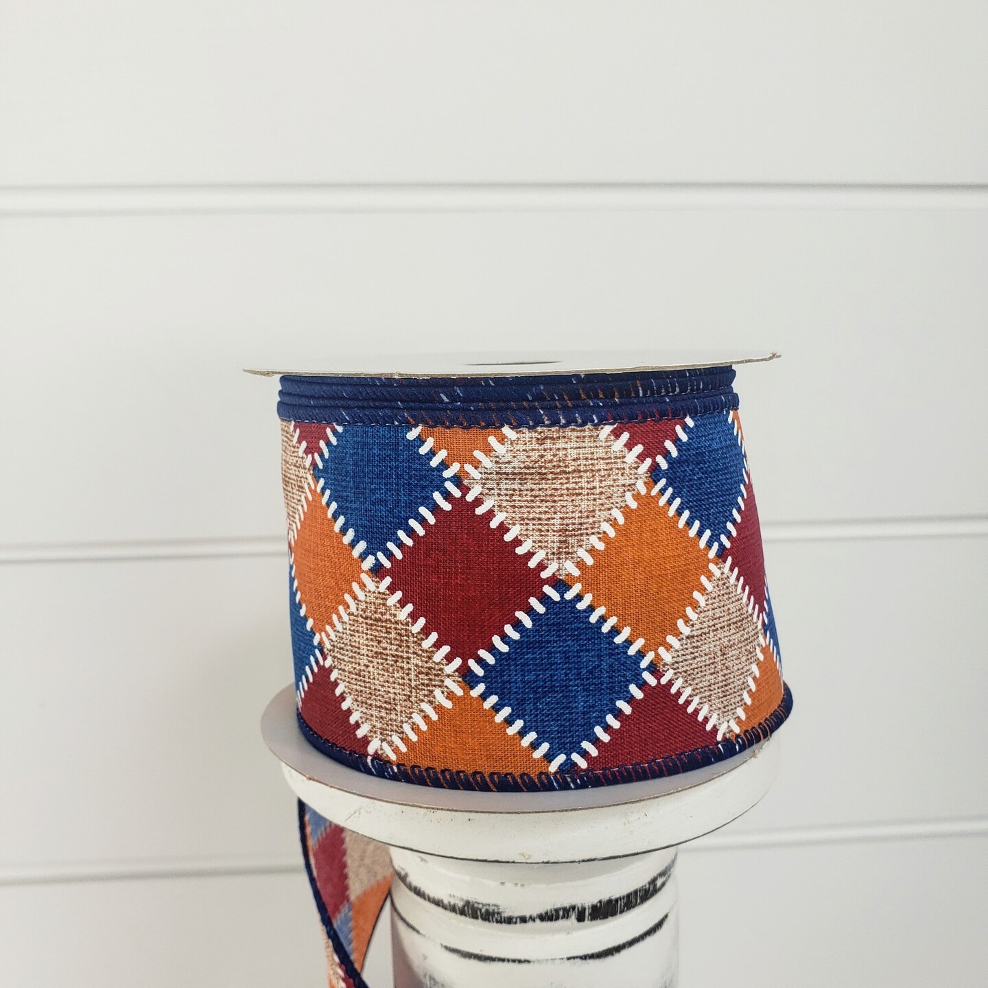 2.5"x10YD Fall Stitch Check Wired Ribbon - Burgundy/Blue/Orange/Natural - Rustic Charm for Autumn Crafts and Decor-(61101-40-25)