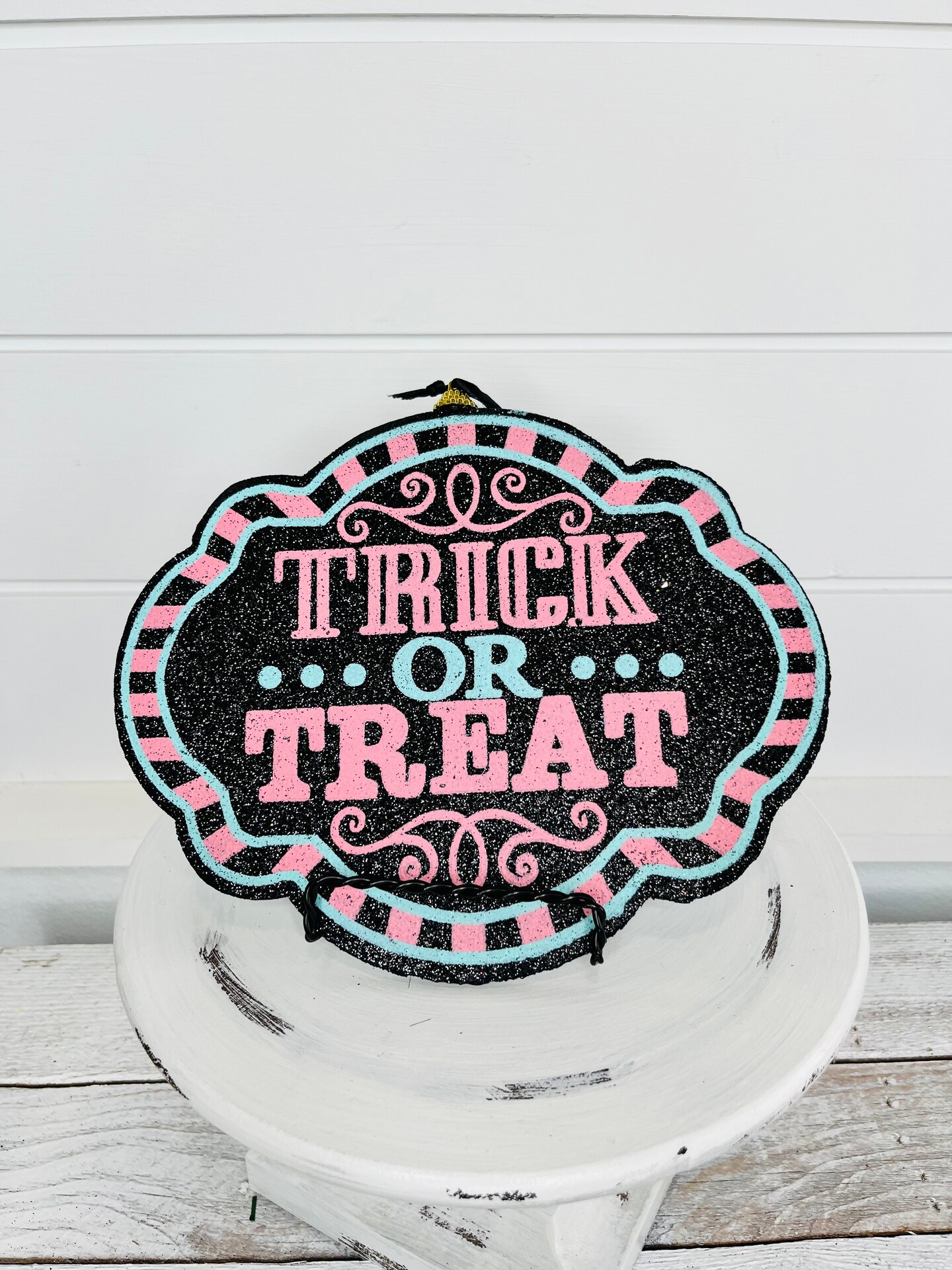 Spooky Delight: Pink/Mint/Black Halloween Trick or Treat Foam Sign-56596MIPK