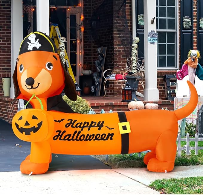GOOSH 5 FT Halloween Inflatable Outdoor Dog with a Pumpkin &#x26; Pirate Hat
