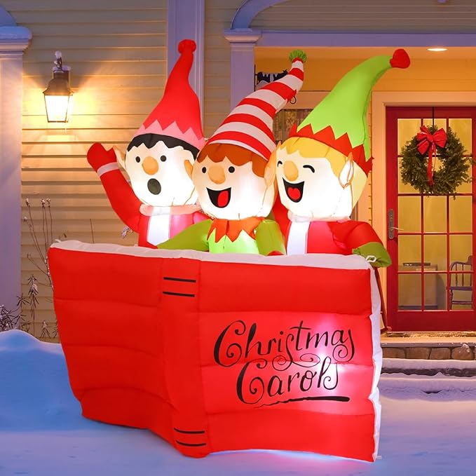 GOOSH 5 FT Christmas Inflatables Elf High Scripture Reading Book with Built-in LEDs