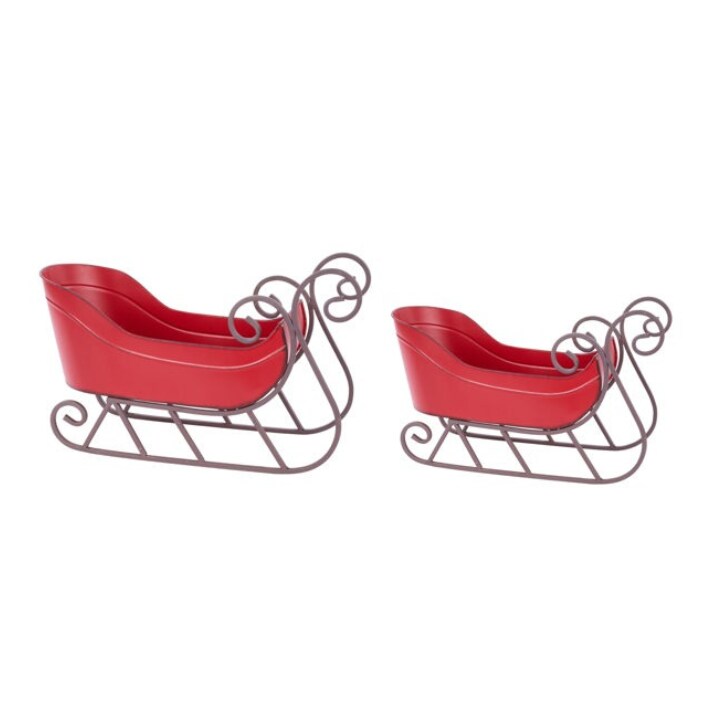 Set of 2 Red Metal Sleighs | Antique Holiday Sleigh Containers for Christmas Decor-XR140964
