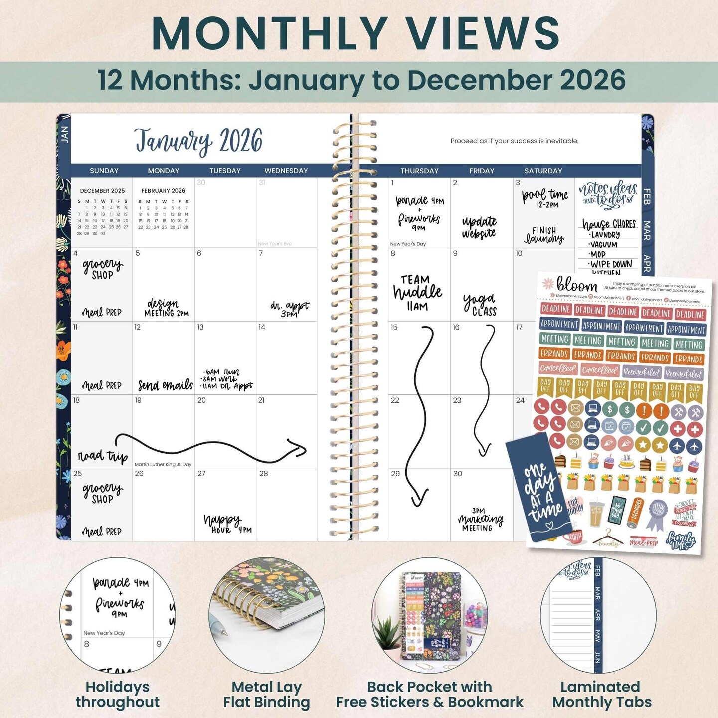 bloom daily planners 2026 Soft Cover Weekly & Monthly Planner, 5.5" x 8.25", Garden Party, Navy