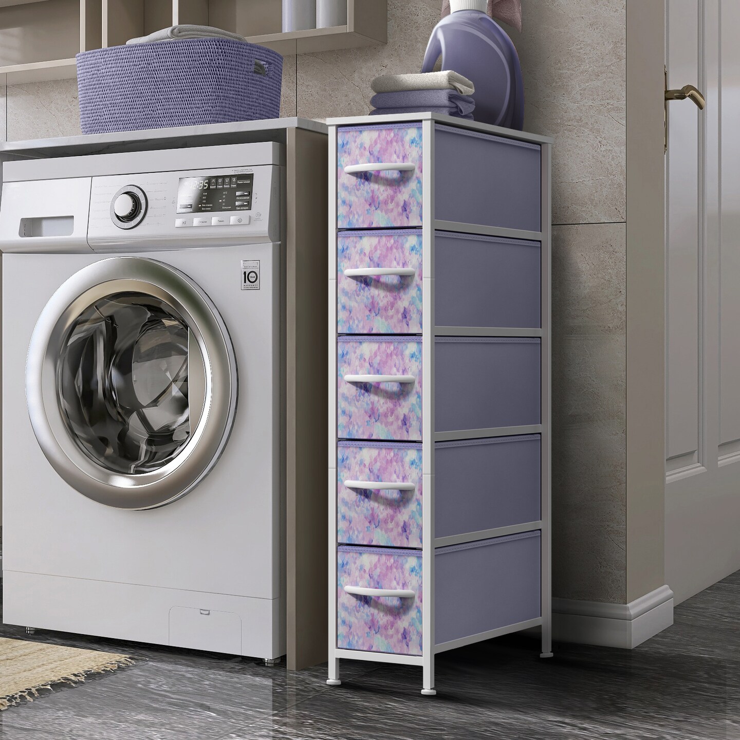 Sorbus Narrow Dresser with 5 Drawers - Steel Frame, Wood Top & Easy Pull Fabric Bins