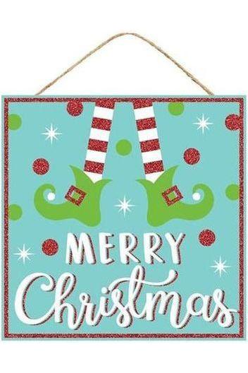 10&#x22; Wooden Elf Sign: Ice Blue Merry Christmas