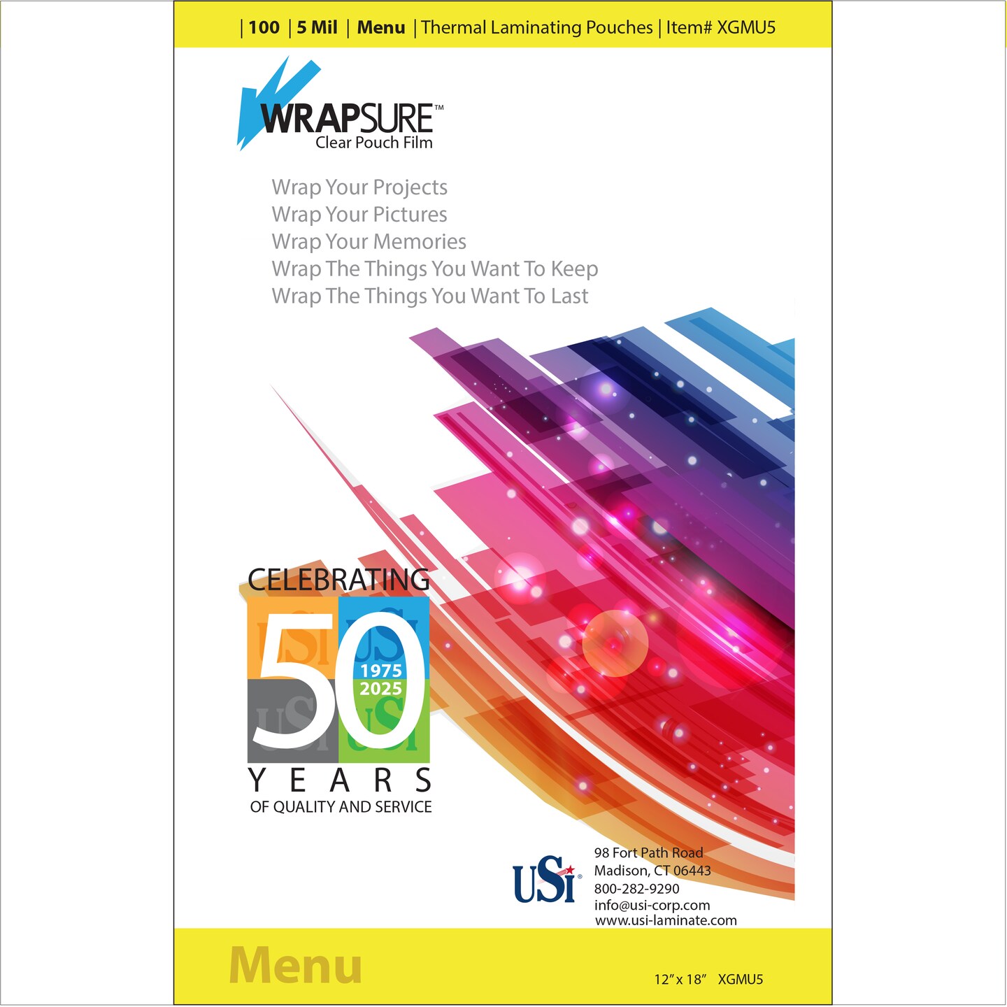 USI WrapSure 5 Mil Thermal Laminating Pouches, 100-Pack, 12"x 18" Menu Size, Clear Gloss, Rounded Corners