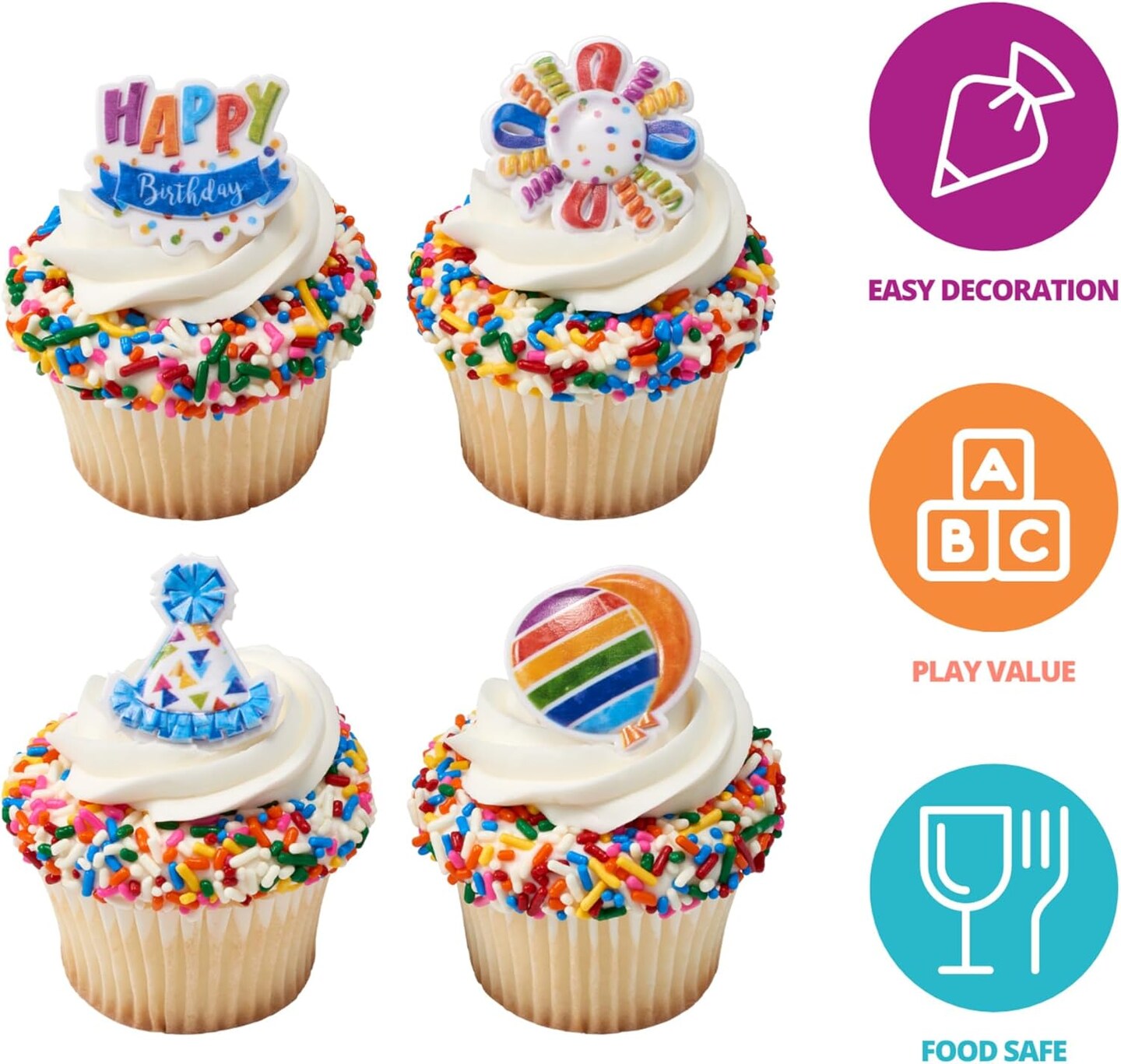 24PCS Happy Birthday Cupcake Toppers – Multi-Colored Balloons, Party Hats & Streamers