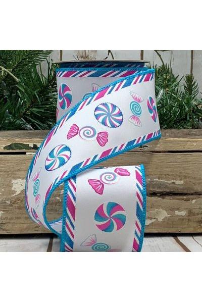 2.5&#x22; Teal Pink Candy Ribbon: White (10 Yards)