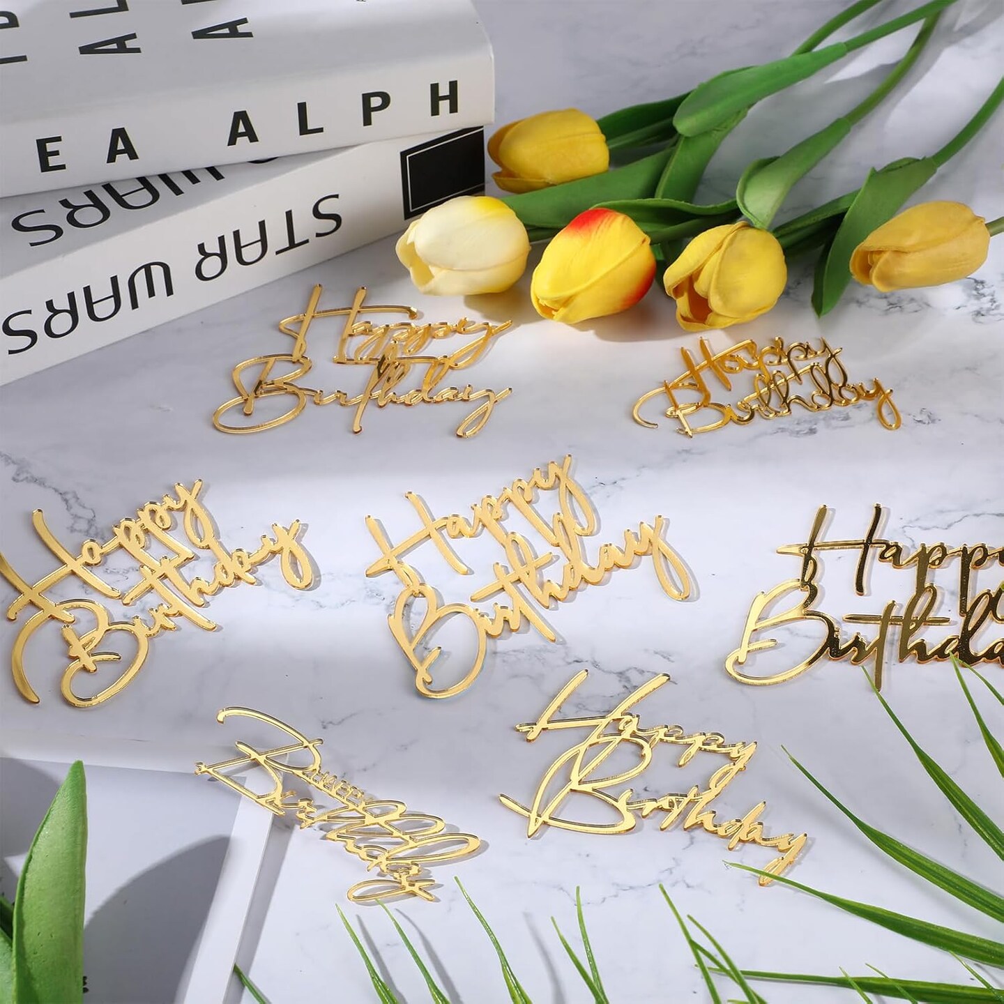 24 Pieces Black Gold Happy Birthday Cake Toppers Mirror Acrylic Cupcake Topper Happy Birthday Sign for Cake Side Cupcake Decorations, 6 Styles