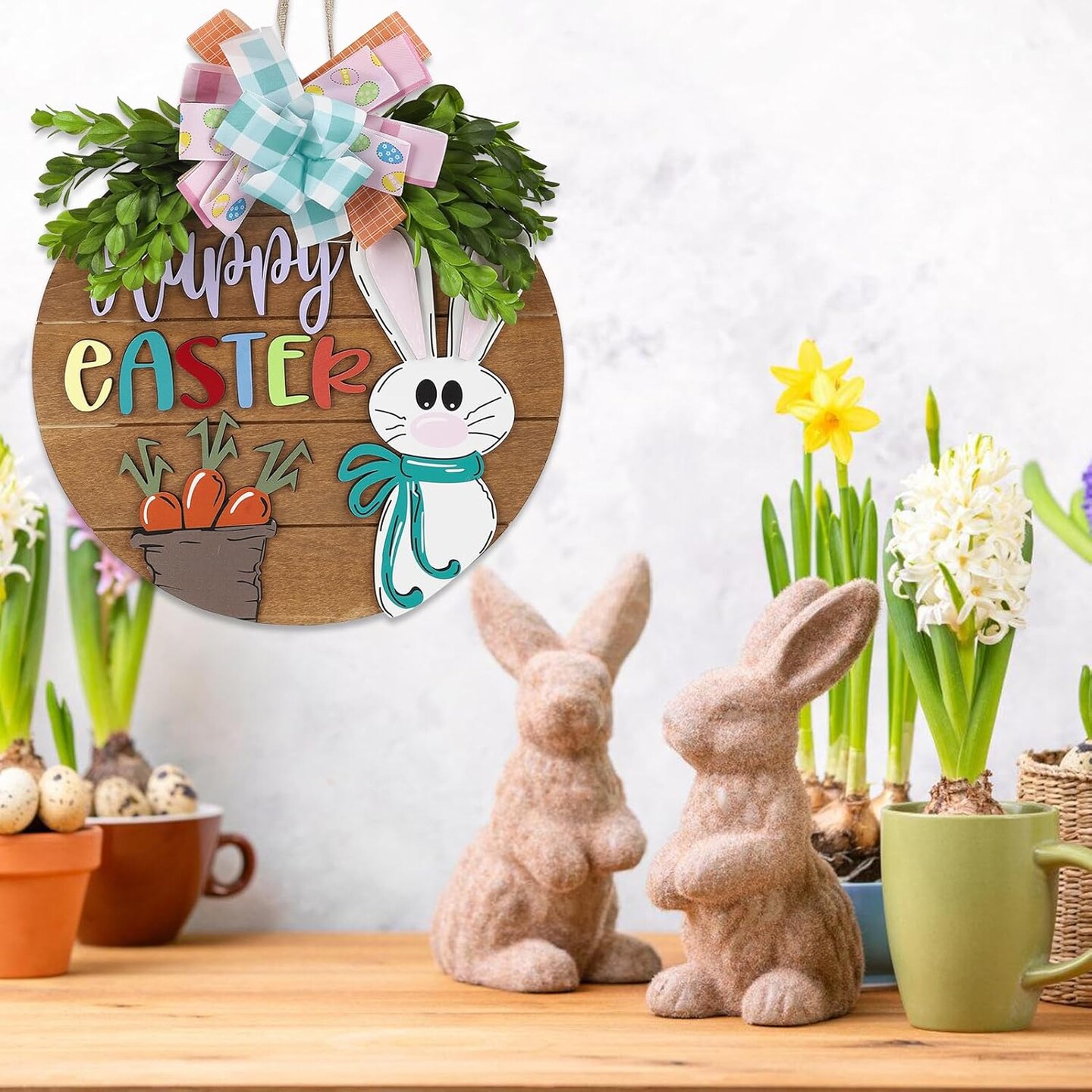 Easter Wreaths for Front Door,Easter Door Wooden Hanging Sign Happy Bunny Wreath Porch with Bow Decoration,Bunny Rabbit Spring Decorations for Home Decor (Pink)