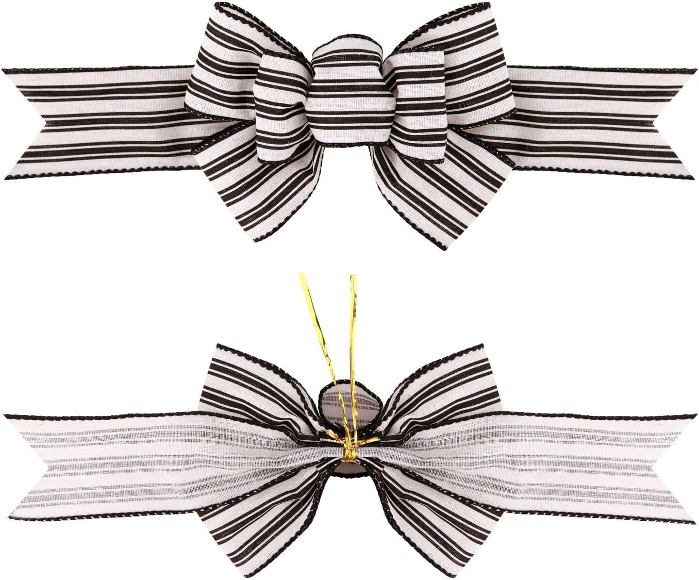 2PCS Farmhouse Striped Burlap Bows – Black & White Wired Ribbon for Wreaths, Tree & Gift Decor