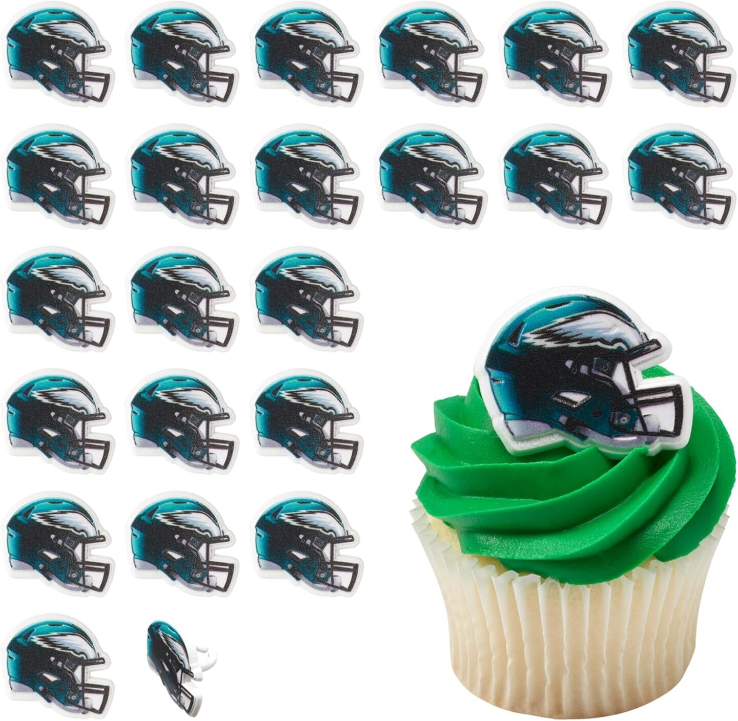 NFL Philadelphia Eagles Helmet Rings, 24 Football Cupcake Decorations, Officially Licensed, Football Rings, Food Safe Cake Toppers &#x2013; 24 Pack