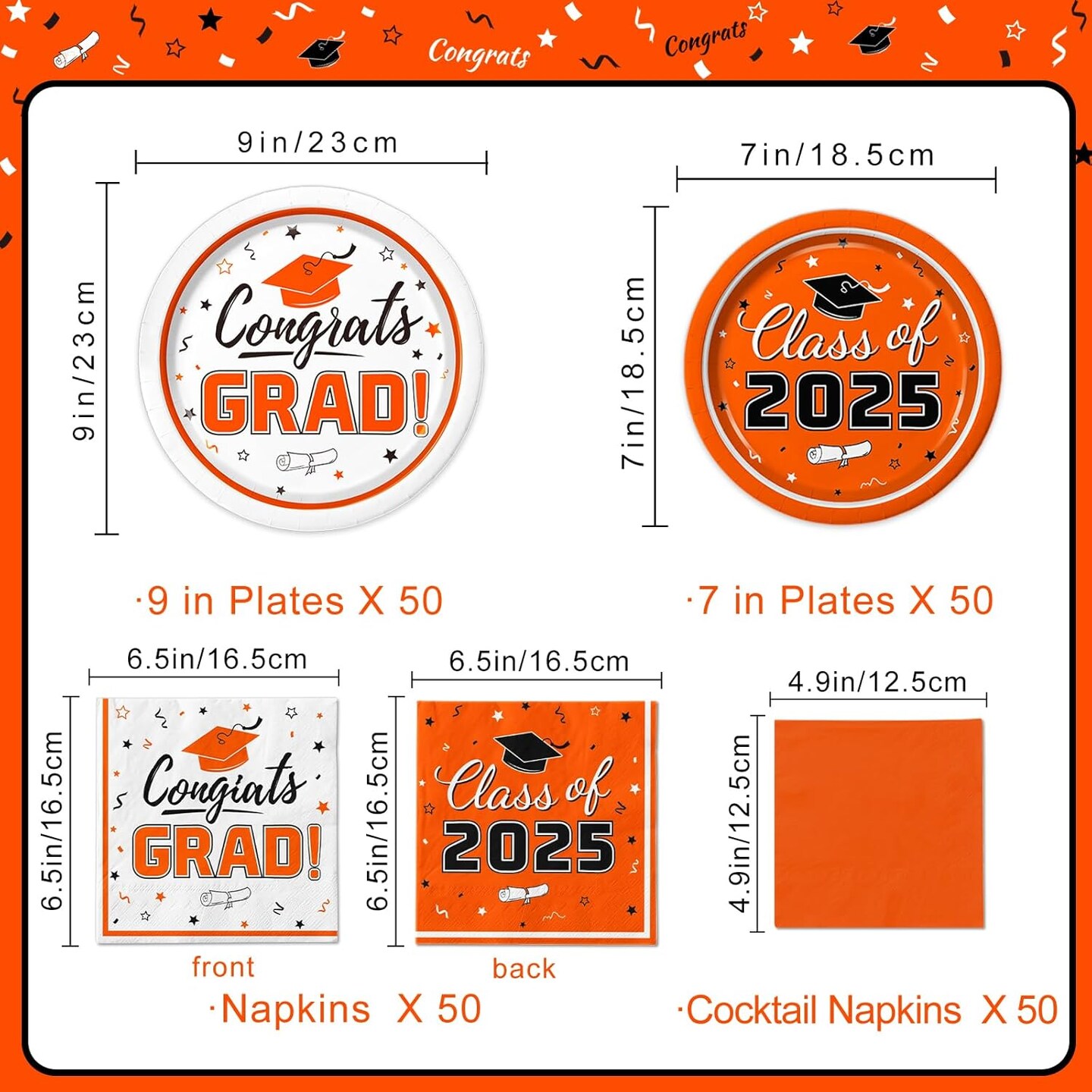 Graduation Party Supplies Kit Serves 50 - Graduation Party Orange Class of 2025 Tableware, Disposable Dinner Plates, Dessert Plates, and Napkins for Congrats Grad Party Decorations