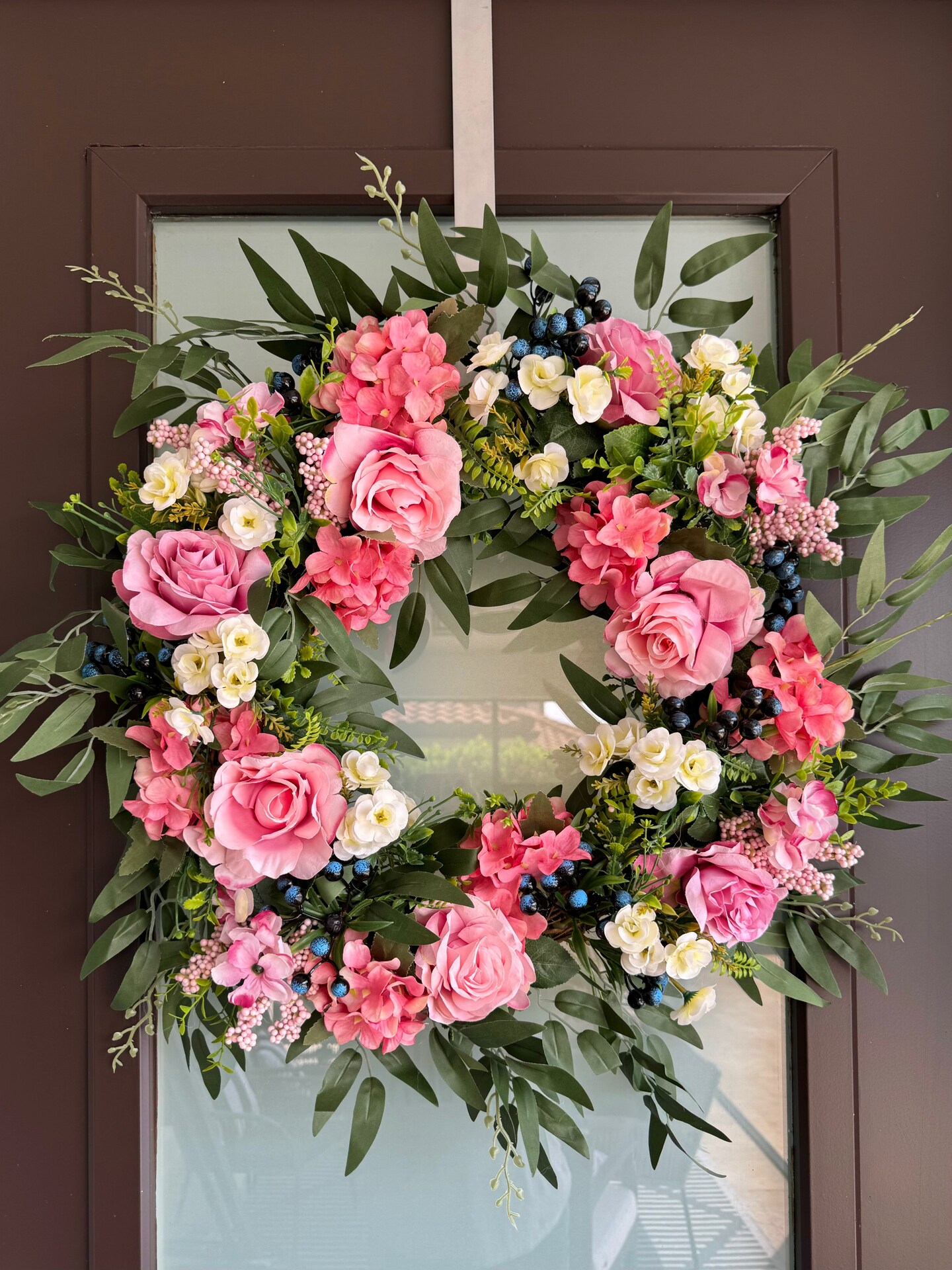 Lyla Pink Rose Green Beech Door Wreath 24&#x22; All Season Indoor Outdoor