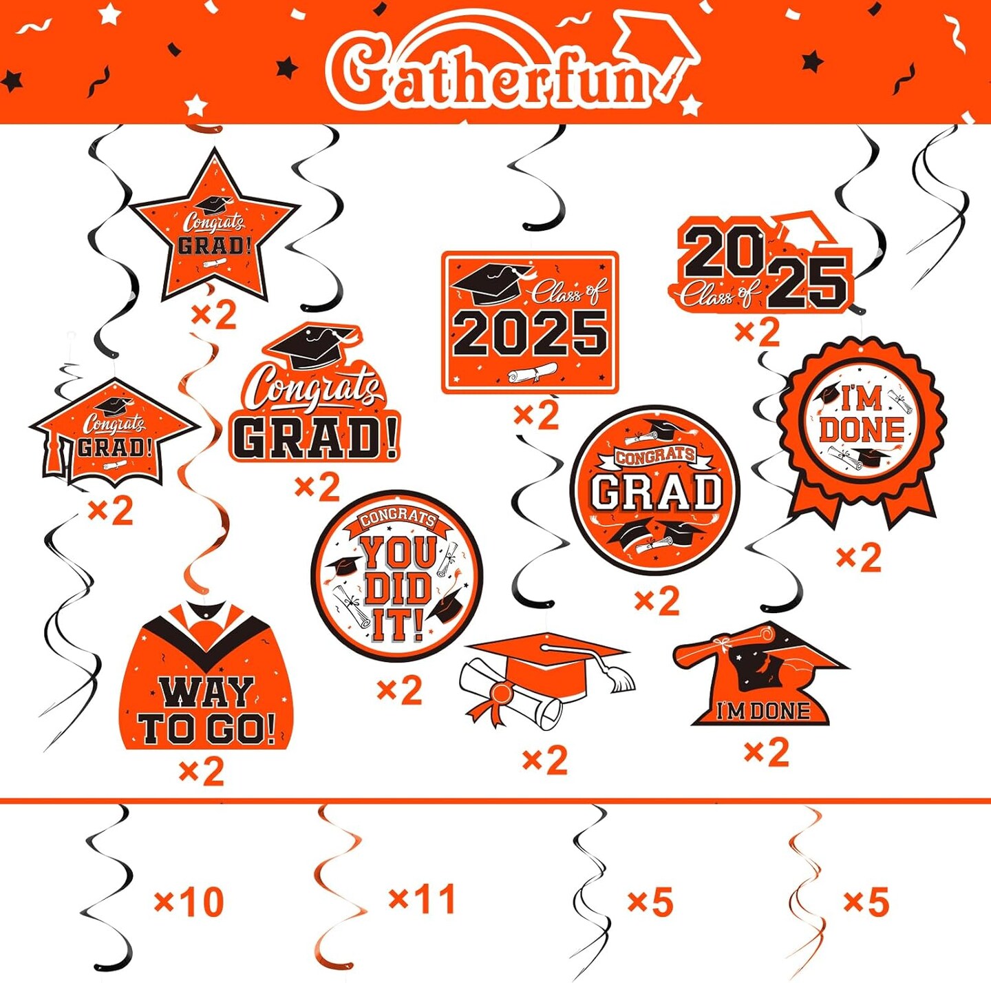 31 Pieces Graduation Decorations Class of 2025, Graduation Hanging Swirl Congrats Grad and Graduation Party Decorations(Orange, Black)