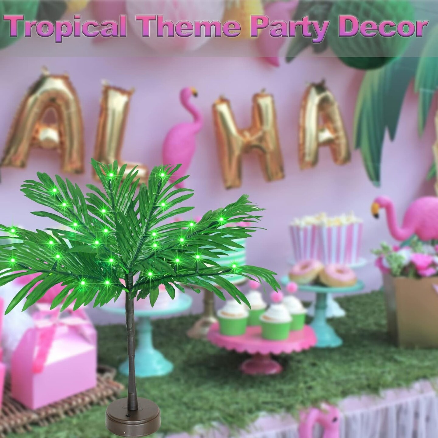 23 In Lighted Palm Tree Summer Tabletop Decor Tropical Artificial Palm Tree Lights Branches LED Mini Light Up Palm Tree Decor Table Centerpiece Summer Hawaiian Party