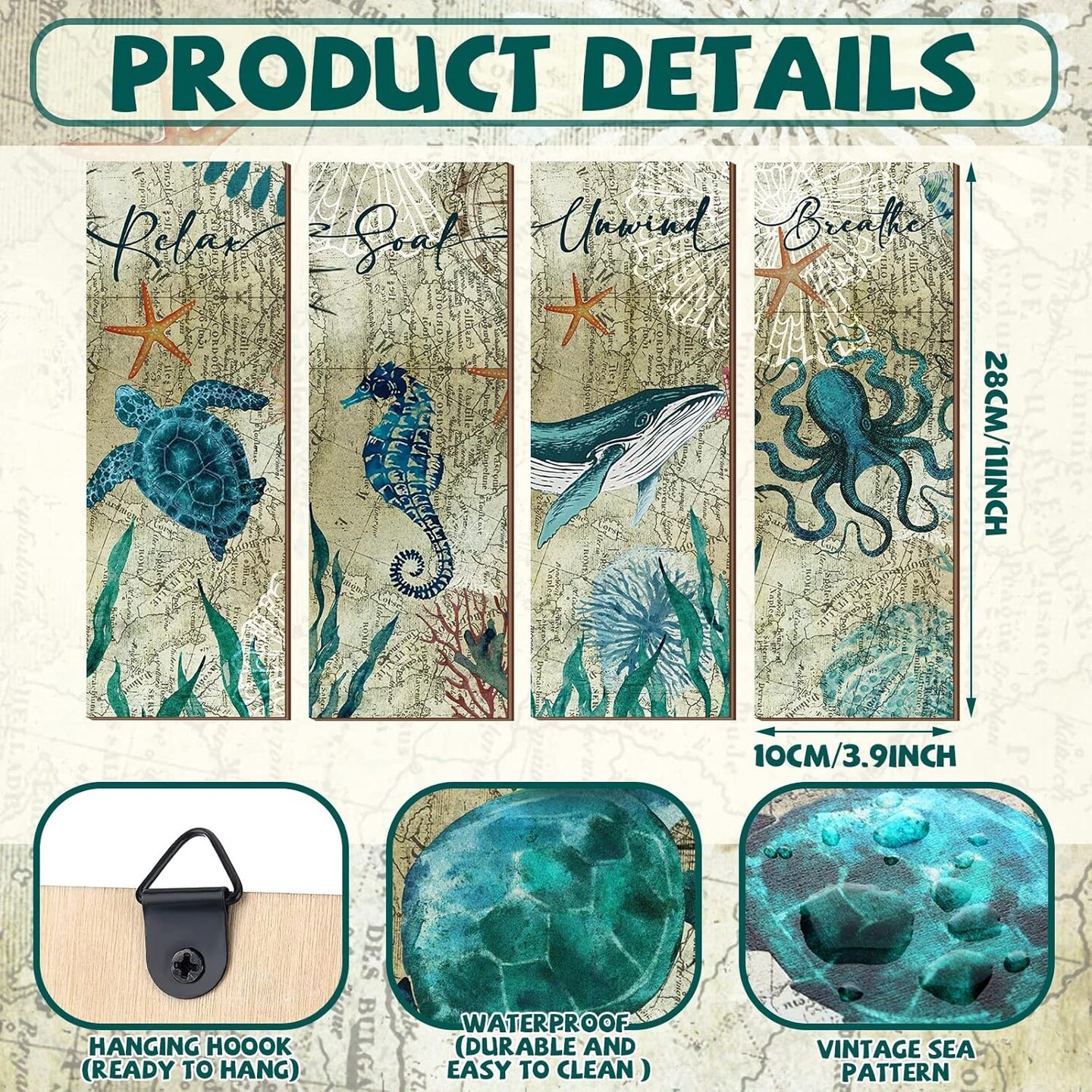 4 Pieces Summer Beach Bathroom Decor Wall Sign Ocean Decor Sea Turtle Wall Art