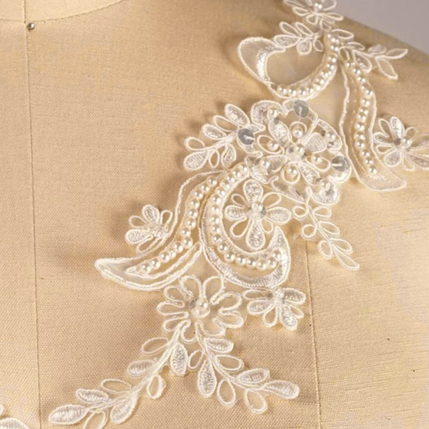 Ivory Beaded Lace Applique Patch for Bridal Gowns Veils and Accessories 8.25 Inch Single Piece