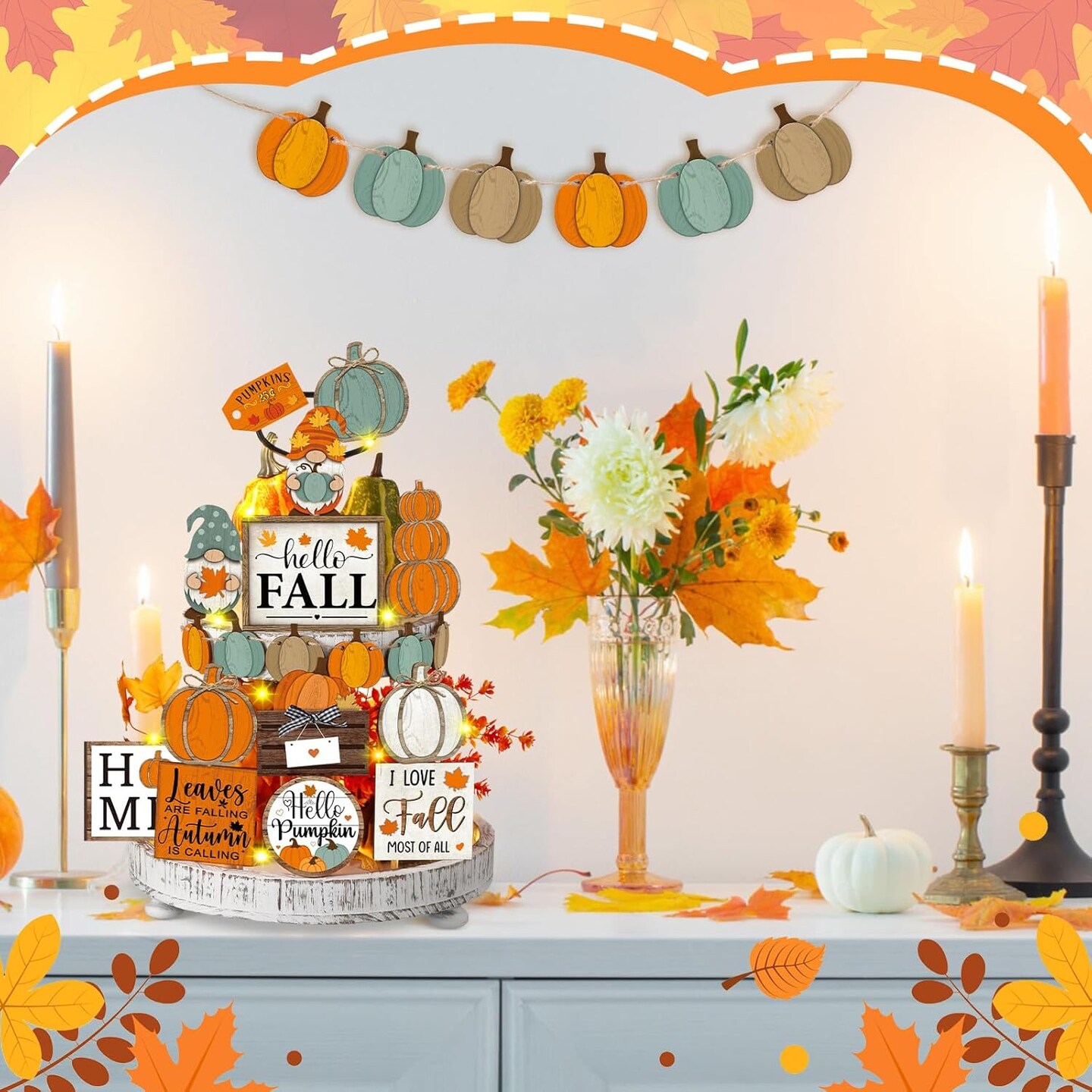 21 Pcs Fall Tiered Tray Decoration Set Thanksgiving Table Sign