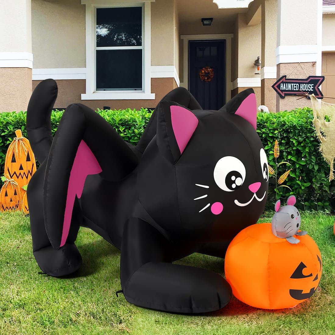 GOOSH 5 FT Halloween Inflatables Cat Blow Up Yard Pumpkin with Built-in LEDs