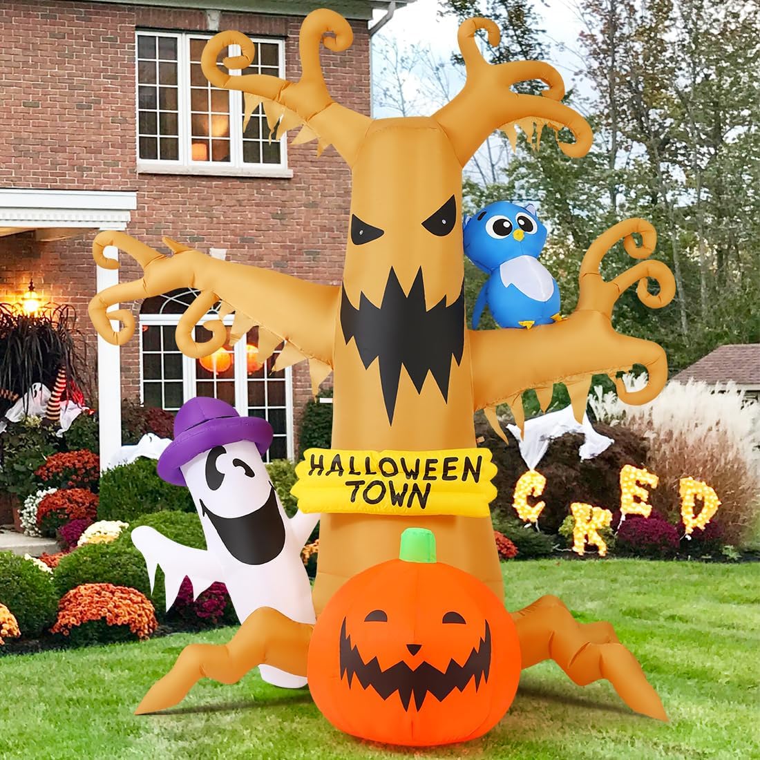 GOOSH 8 FT Halloween Inflatables Dead Tree with Owl Ghosts and Pumpkins with Built-in LED Lights