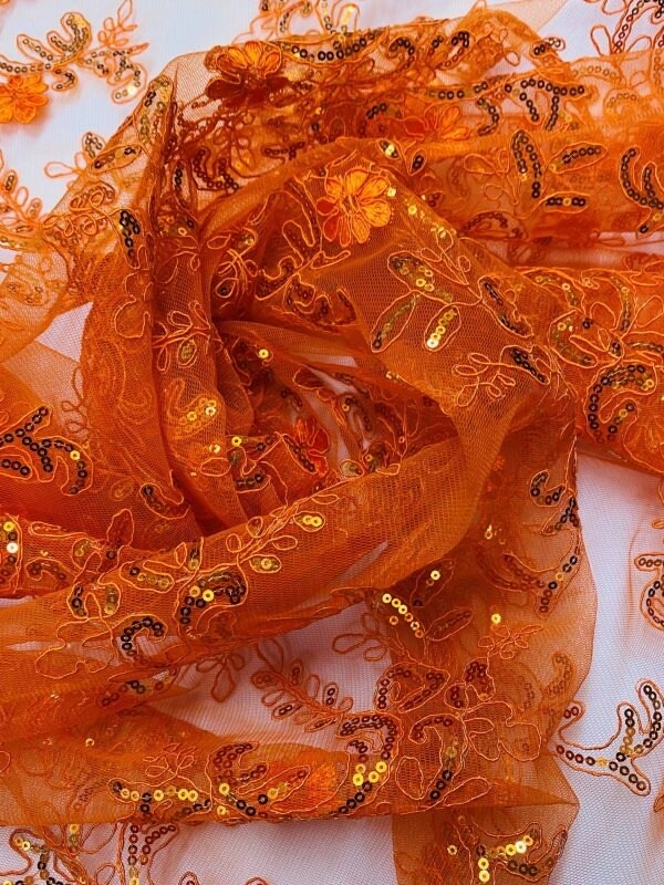 1 Yard Bright Orange Sequin Embroidered Corded Lace Mesh Fabric with Scallop Edges 54” Wide