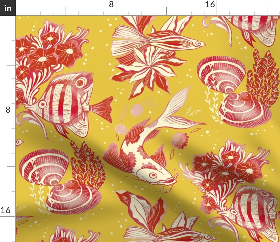 Fish Seaweed Flowers Deep Sea Seashells Ocean Toile De Juoy Classic Underwater Custom Printed Fabric by Spoonflower Various Fabrics by the Yard or Fat Quarter