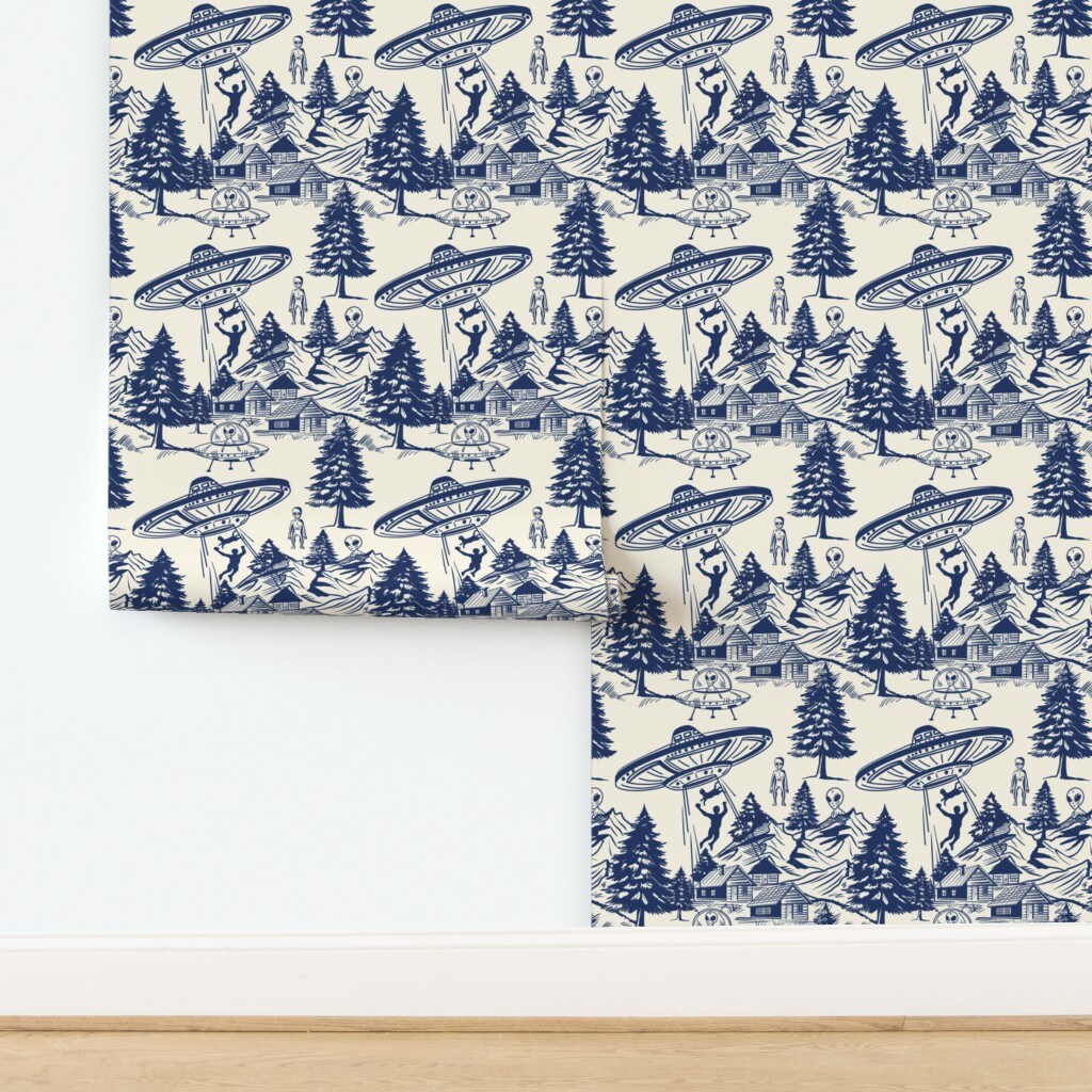 Toile Spaceships Mountains Aliens Trees De Jouy Custom Removable Wallpaper by Spoonflower Peel & Stick Wallpaper 2FT Wide