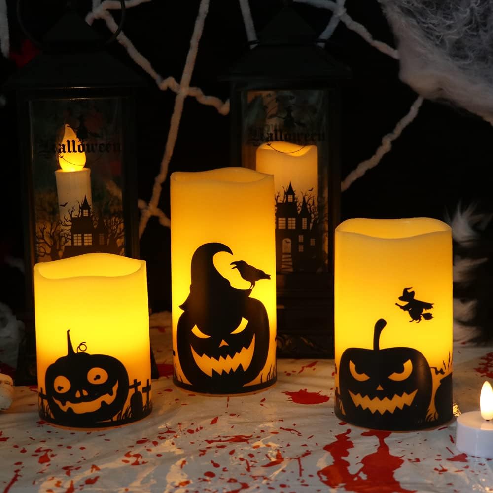 Set of 3 -Halloween Flameless Candles, LED Flickering Battery Pillar Candles