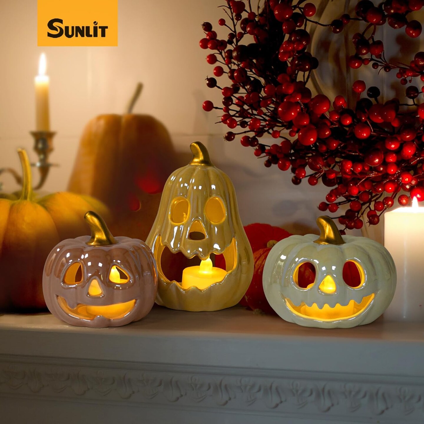 Set of 3 -Ceramic Pumpkin with 3 Tea Lights, Jack-O-Lantern Candle Holder