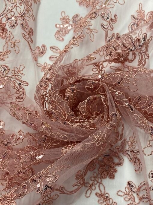 1 Yard Dusty Rose Corded Sequin Mesh Lace Fabric with Scalloped Edge 54” Wide