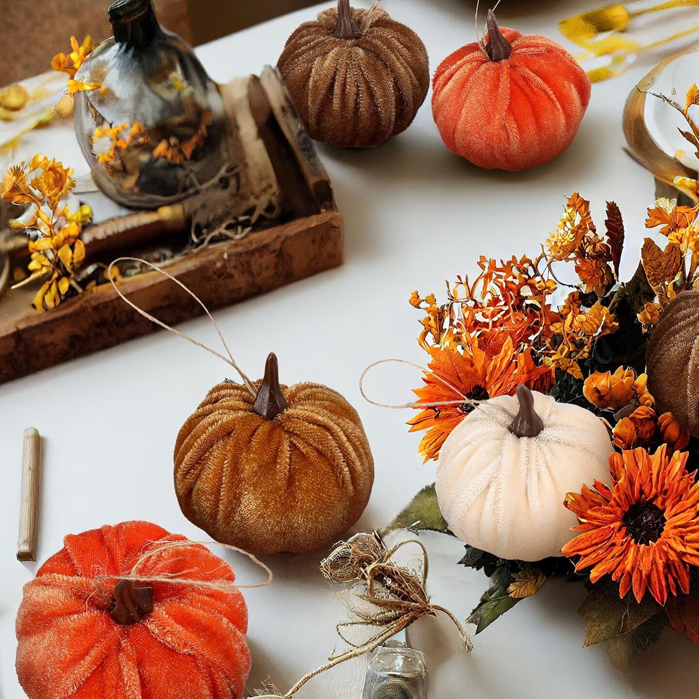12 Pcs Fall Pumpkin Hanging Ornament 2 Inches Velvet Pumpkins