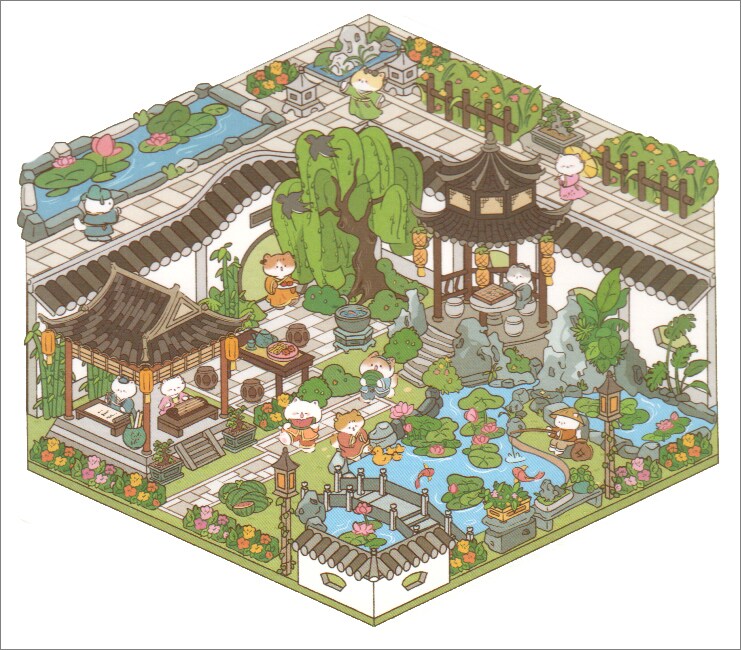 Cute Cat Sticker Landscape Set, Isometric Sticker Scene, Adorabilities