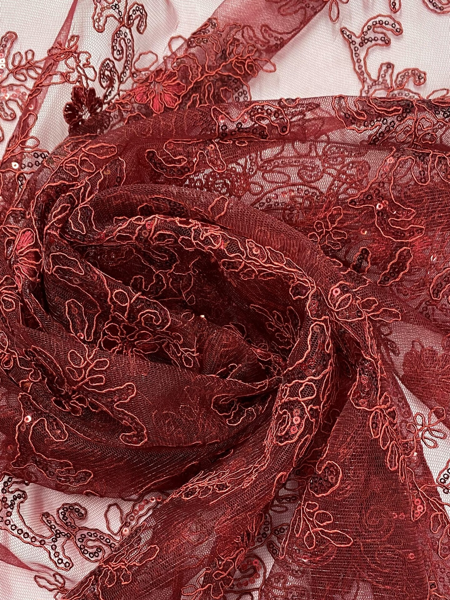 1 Yard Burgundy Sequin Corded Embroidered Lace Fabric with Scalloped Edges 54&#x201D; Wide