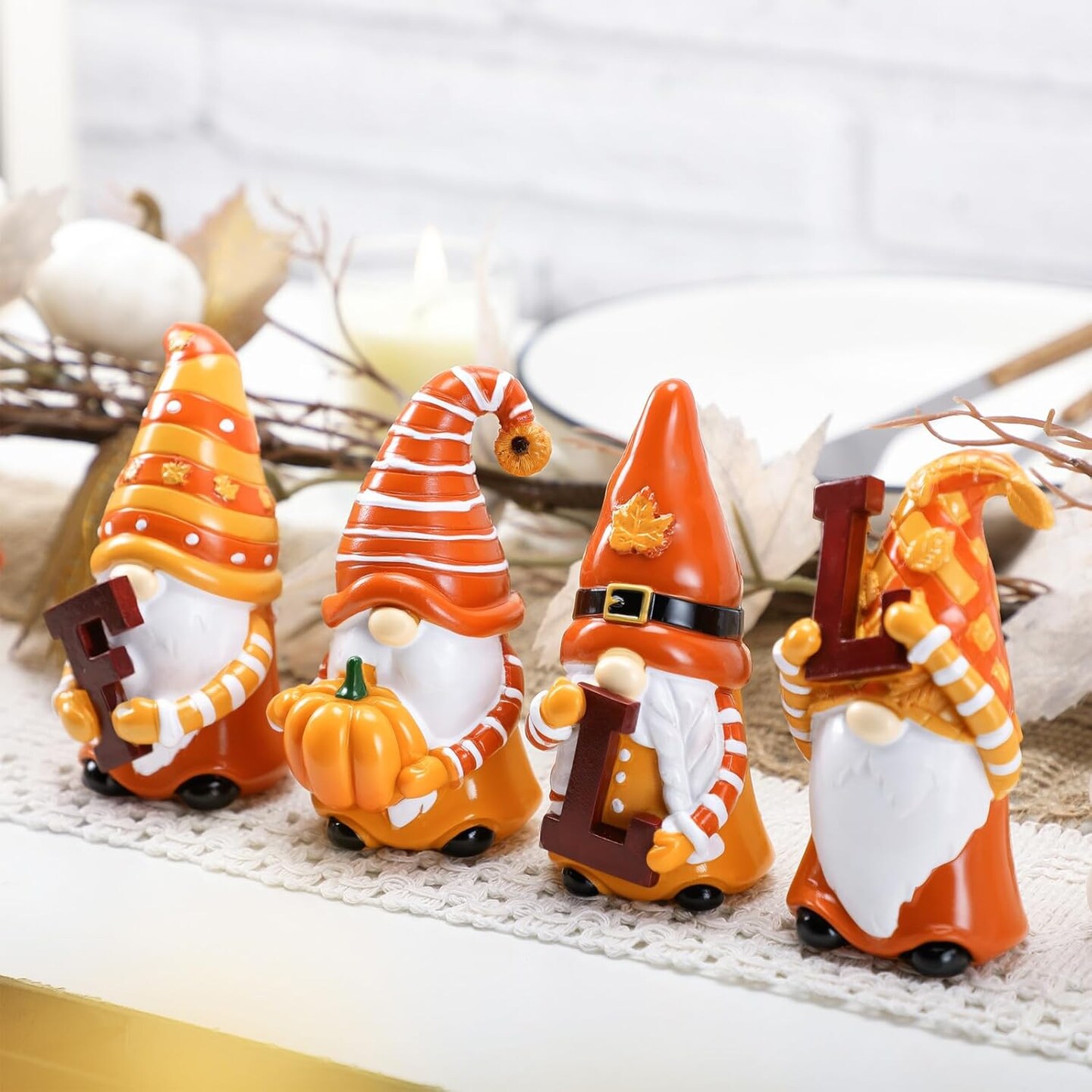 4 Pcs Fall Figurines Resin Gnome Tabletop Autumn Sculpture Decoration