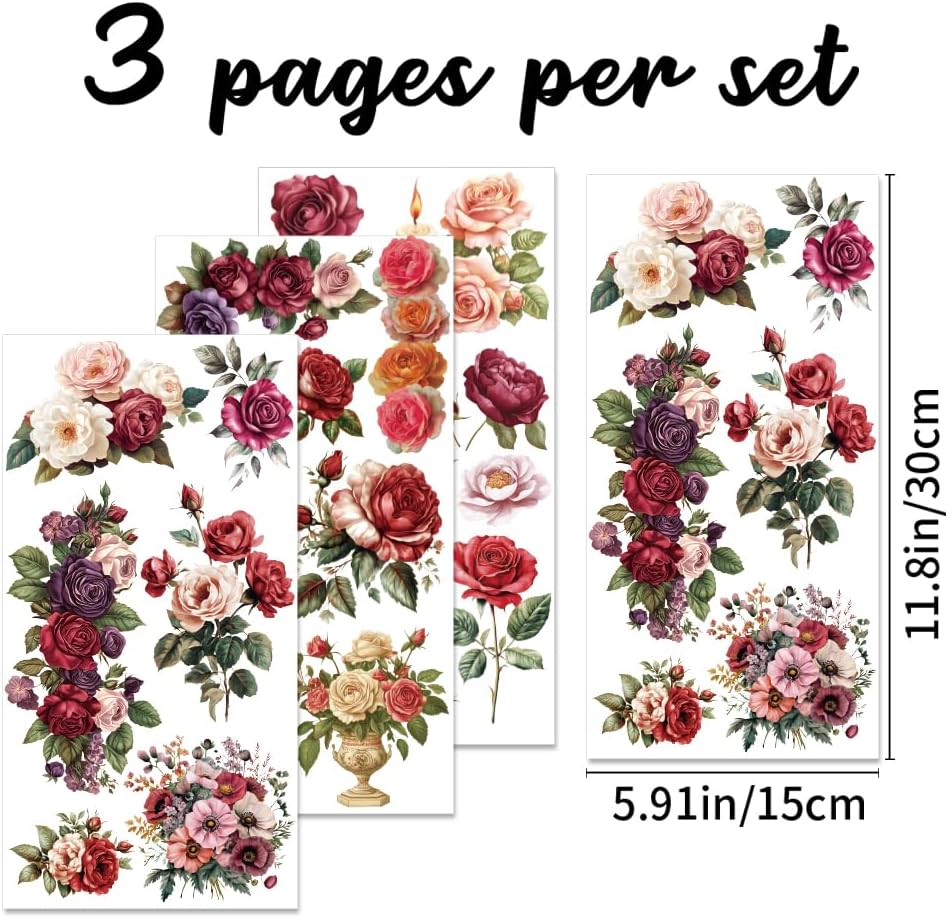 3 Sheets Red Rose Rub on Transfers for Crafts (Multicolor) 9.06 x 13.78 x 0.1 inches