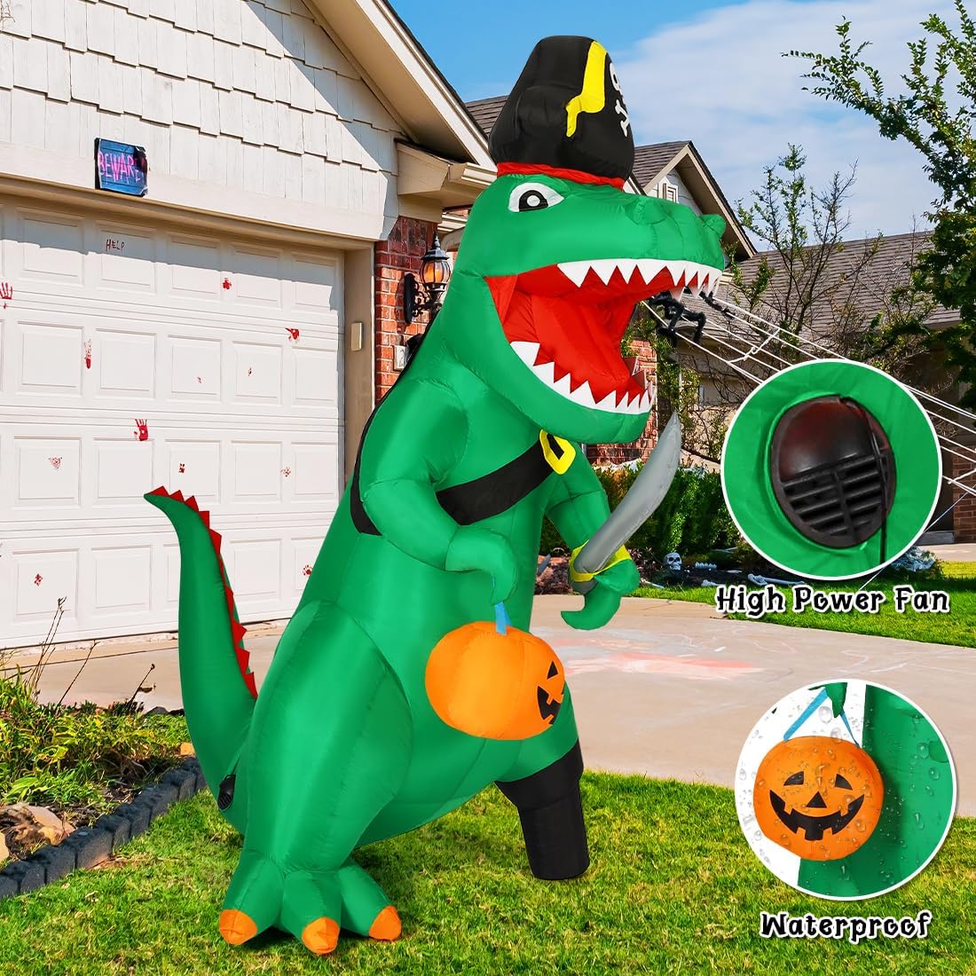 GOOSH 7 FT Halloween Inflatables Dinosaur Blow Up Yard Pirate Dinosaur with Pumpkin Decoration with Built-in LEDs