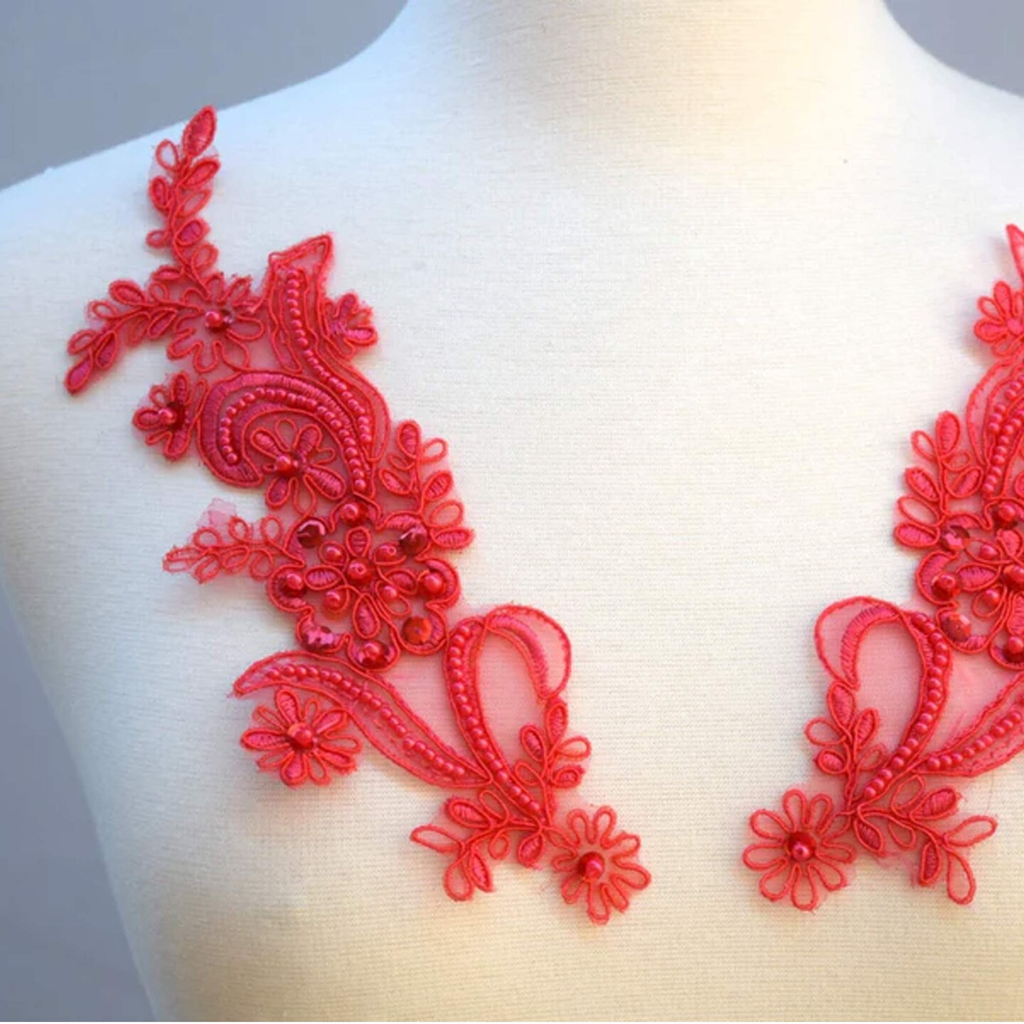 Coral Pink Lace Applique Sequin Beaded Alençon Pair for Dance, Gown & Costume Embellishment