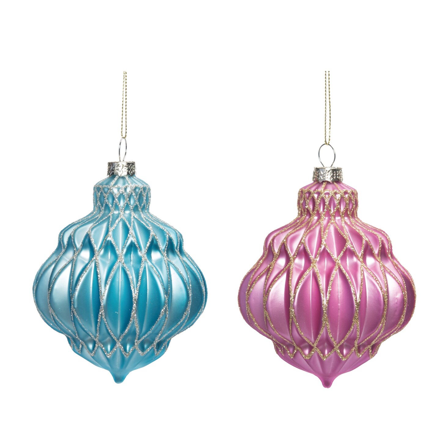 Transpac Glass Bright Pink/Blue Ornament Set of 2 - Christmas Tree Decorations, Multicolor, Glass, 4.75in Height, Indoor Use