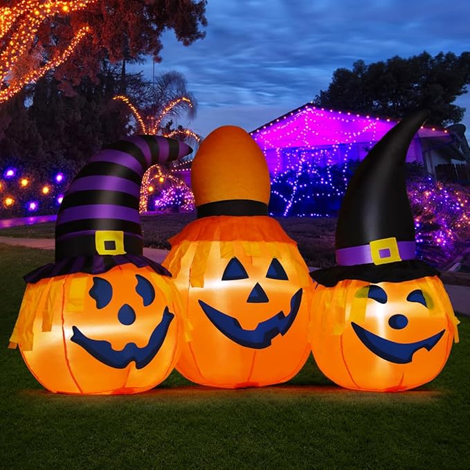 GOOSH 6.5 FT Halloween Inflatables Pumpkin Combo with Wizard hat Blow Up Yard Decoration with LED Lights Built-in