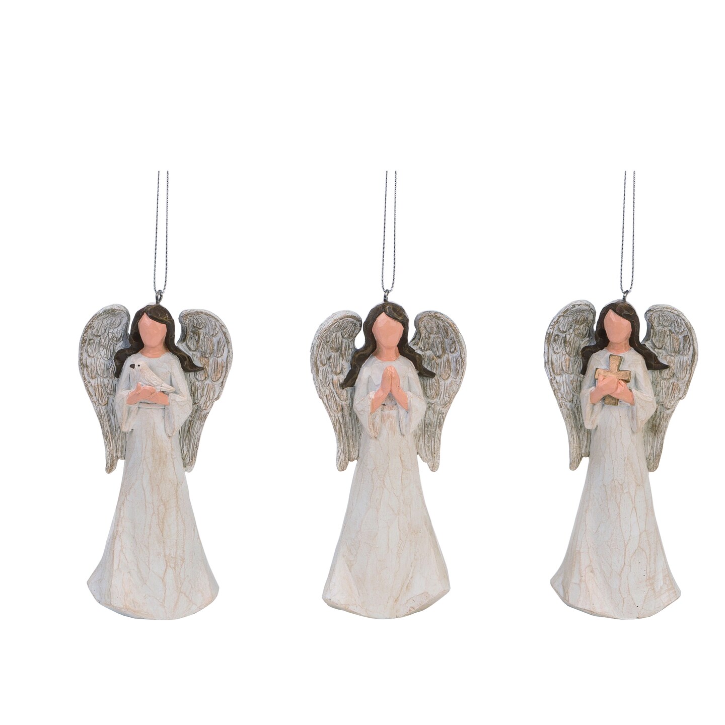 Transpac Resin Wood Carved Angel Ornaments Set of 3 - White Christmas Tree Decorations, 5.1in, Indoor Use, Spot Clean