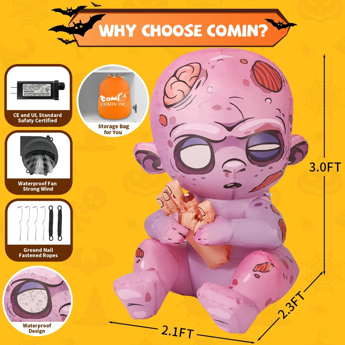 GOOSH 3 FT Halloween Inflatables Zombie Baby Outdoor Decorations Blow Up Yard with Built-in LEDs
