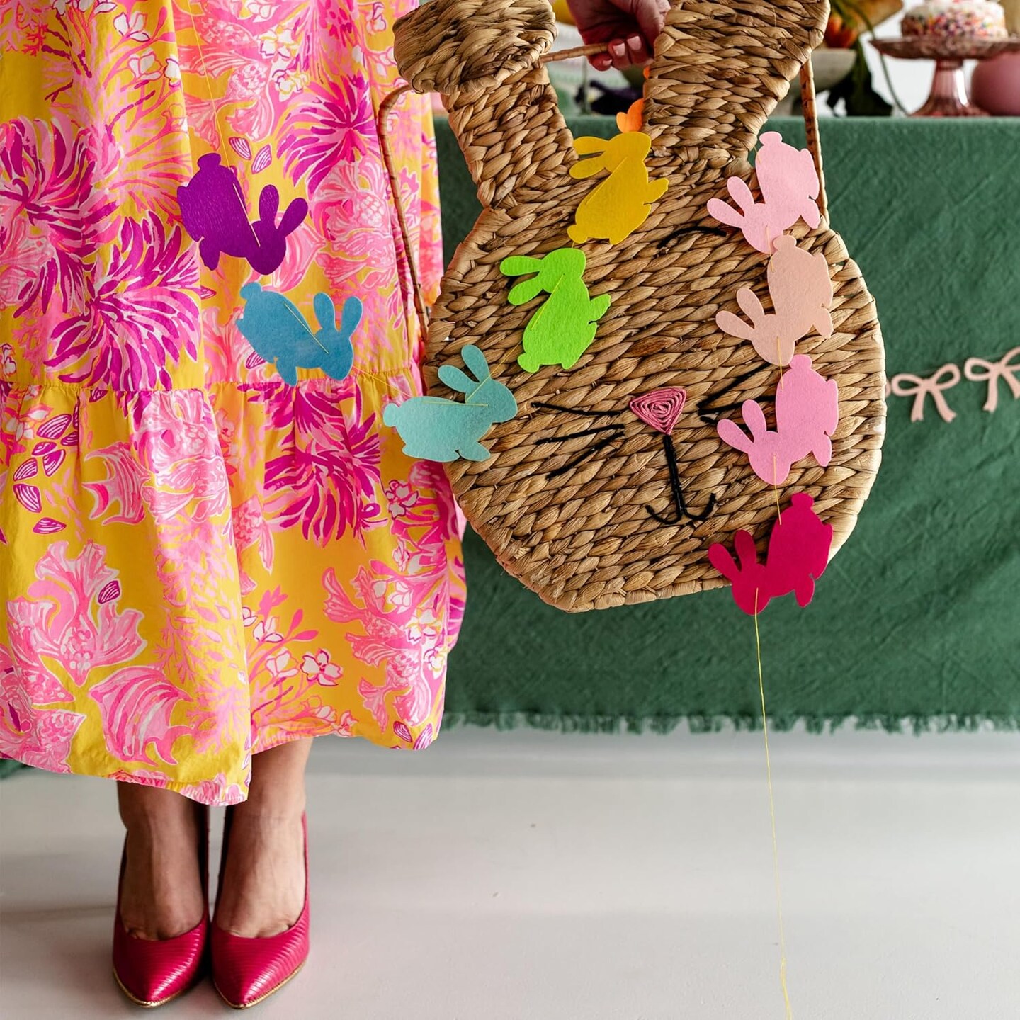 Easter Garland – 10 Pre-Strung Rainbow Bunnies, 5 ft Felt Bunny Banner for Mantle, Tree, Classroom, Baby Shower & Birthday Party Deco