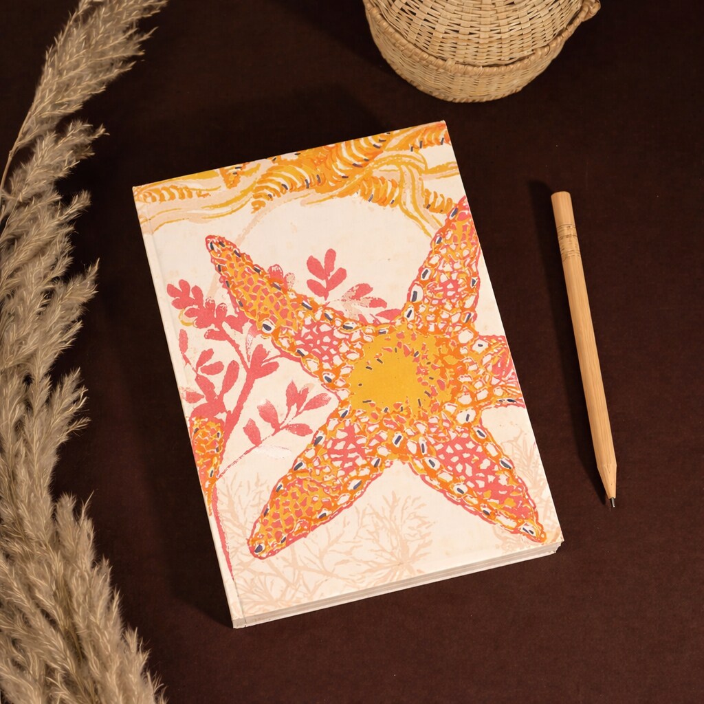 Soft Cover Orange Starfish Handmade Paper Notebooks – Pack of 5, 6x4 Inch Mini Journals for Notes & Sketching