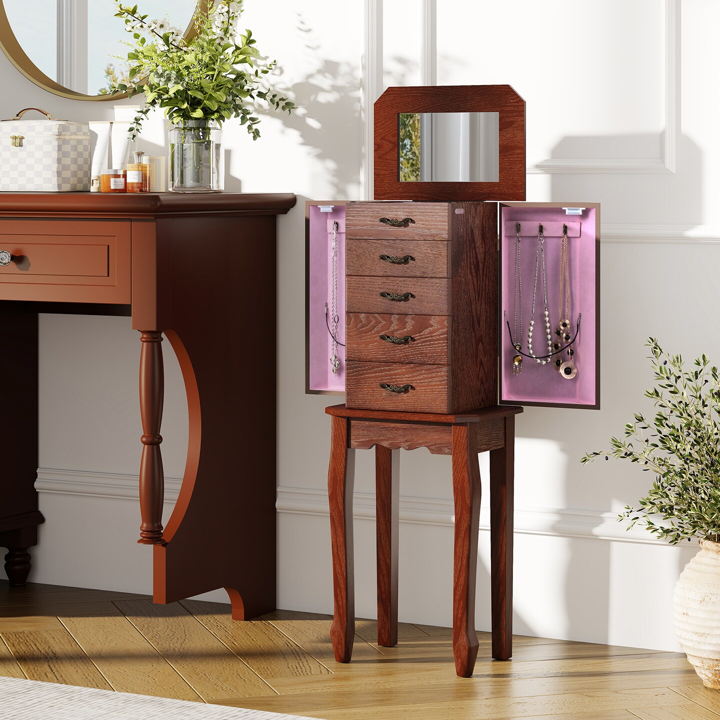 Tall Jewelry Box with 4 Drawers, 2 Side Doors, and Organized Storage
