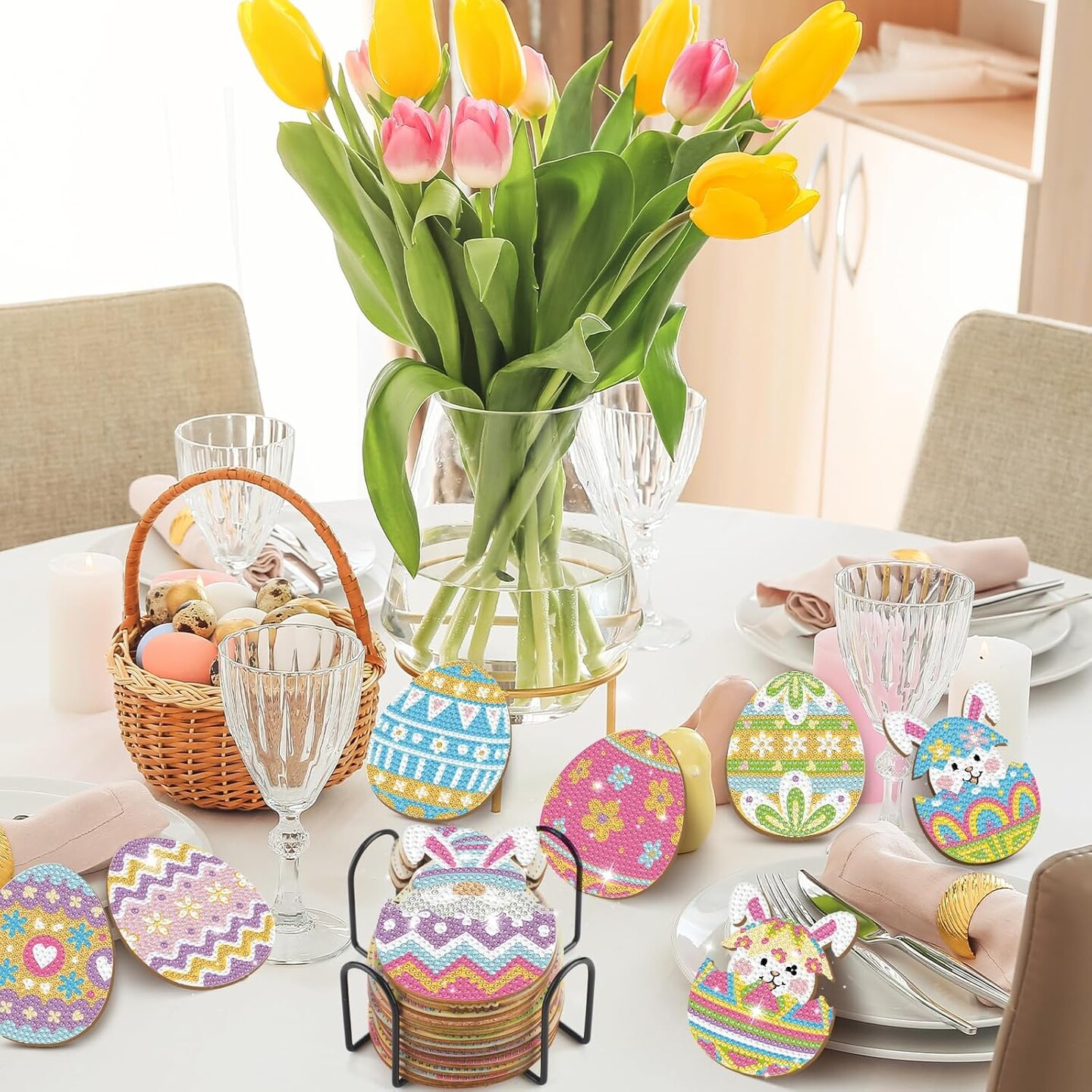 12 Pcs Easter Egg Diamond Coasters with Holder – DIY 5D Diamond Painting Art Kit for Adults, Beginners, Home & Dining Decor