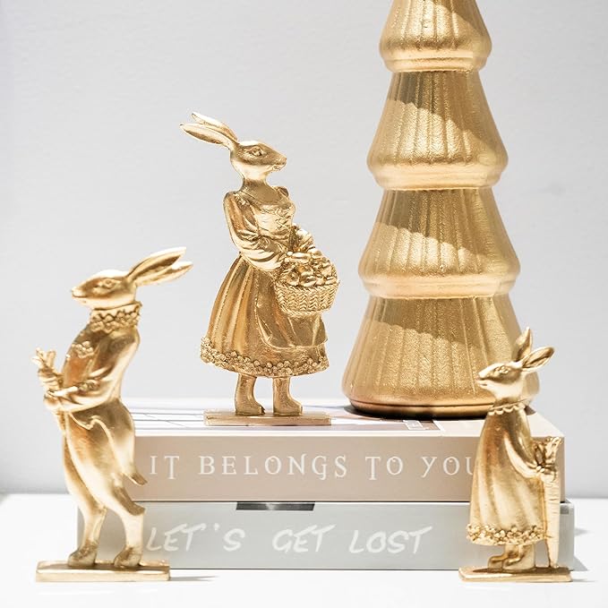 Resin Vintage Gold Bunny Decor Rabbit Figurines, Small Easter Bunny Figurine Set of 3, Vintage Easter Rabbit Statue Table for Home Decoration, Spring Easter Gift (2D Bunny Family)
