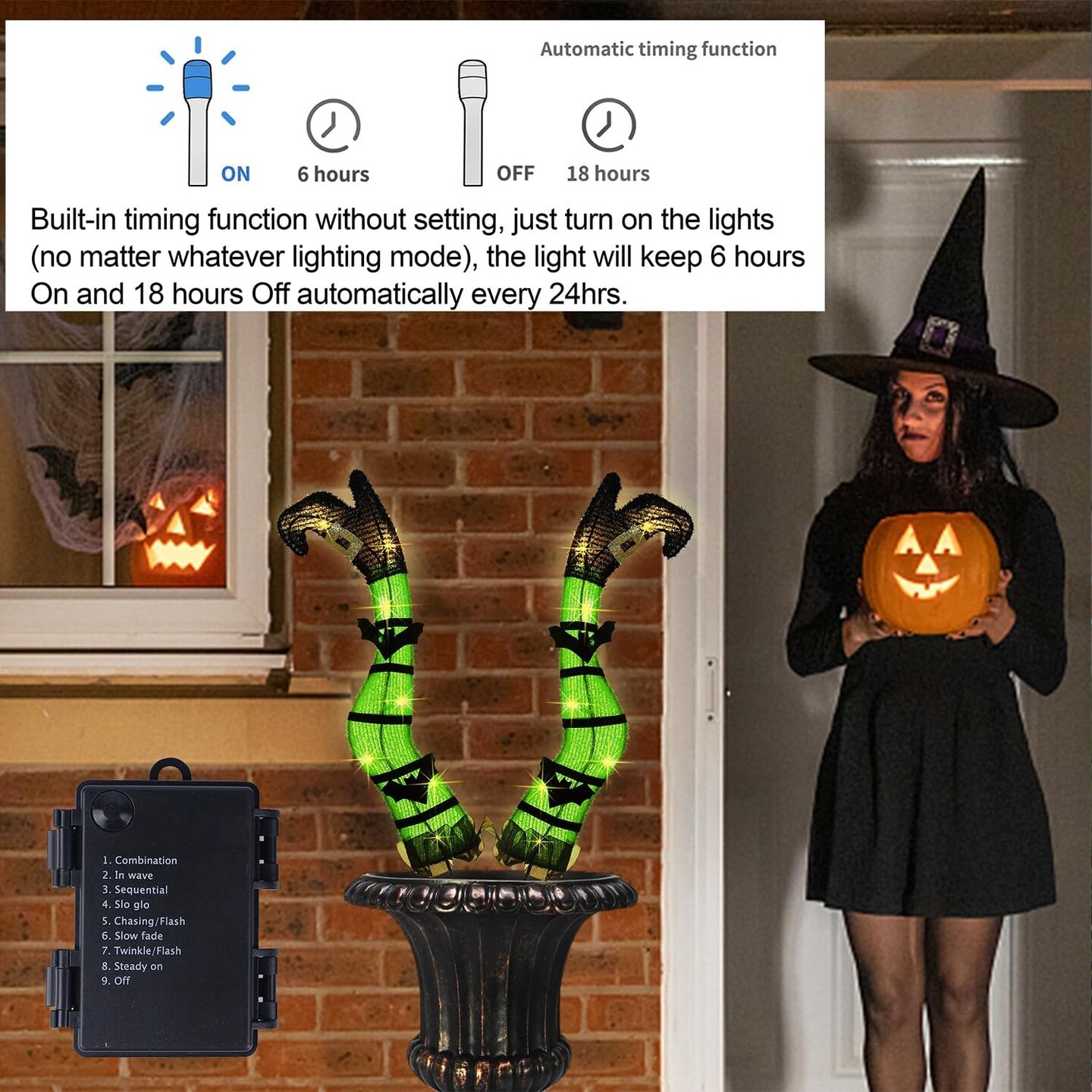 Set of 2 Halloween Lighted Wicked Green Witch Legs Stake with Bats