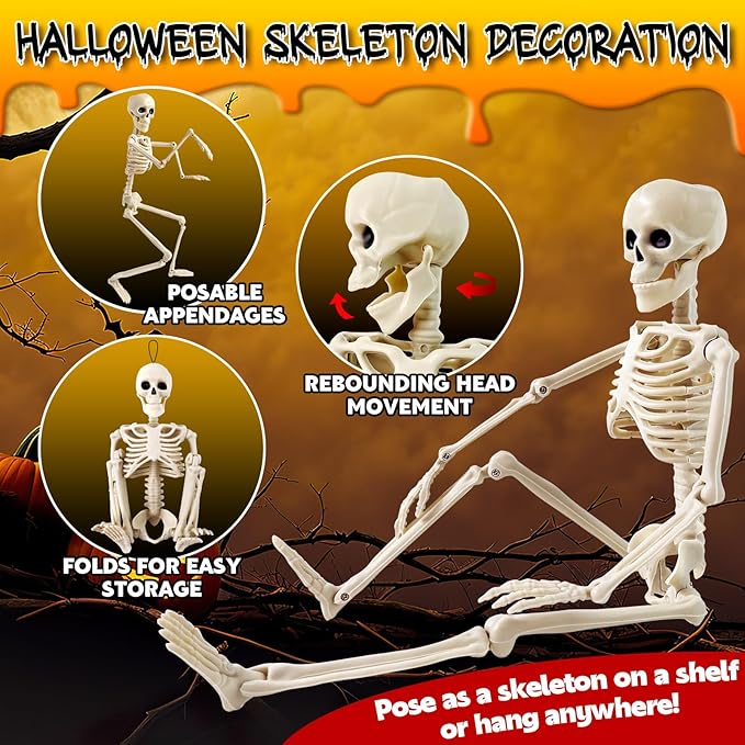 16" Poseable Skeletons with Full Body Movable Joints, Indoor and Outdoor Spooky Décor for Halloween Parties, Haunted Houses, and Yard Decorations